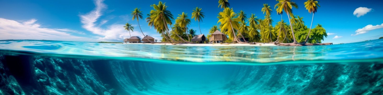 Islote con palmeras y bungalós, visto a medias desde dentro del agua
