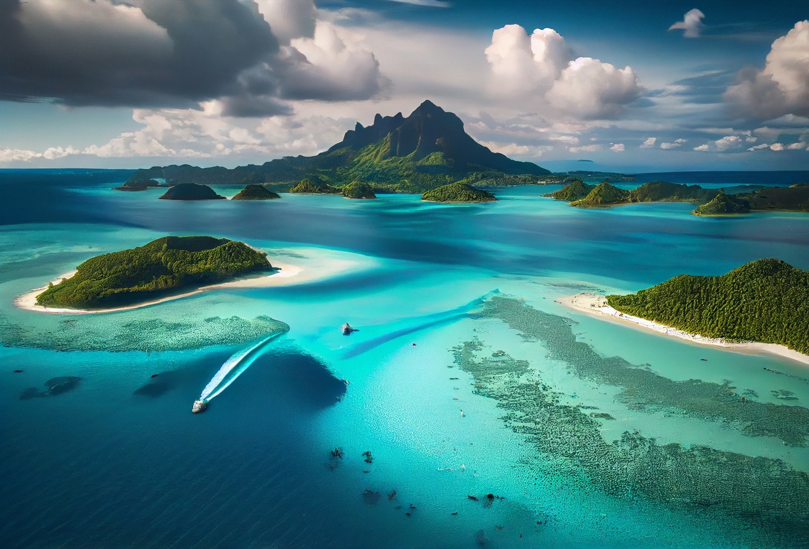 Laguna turquesa con motu e islotes y la montaña de Bora Bora al fondo, desde el aire