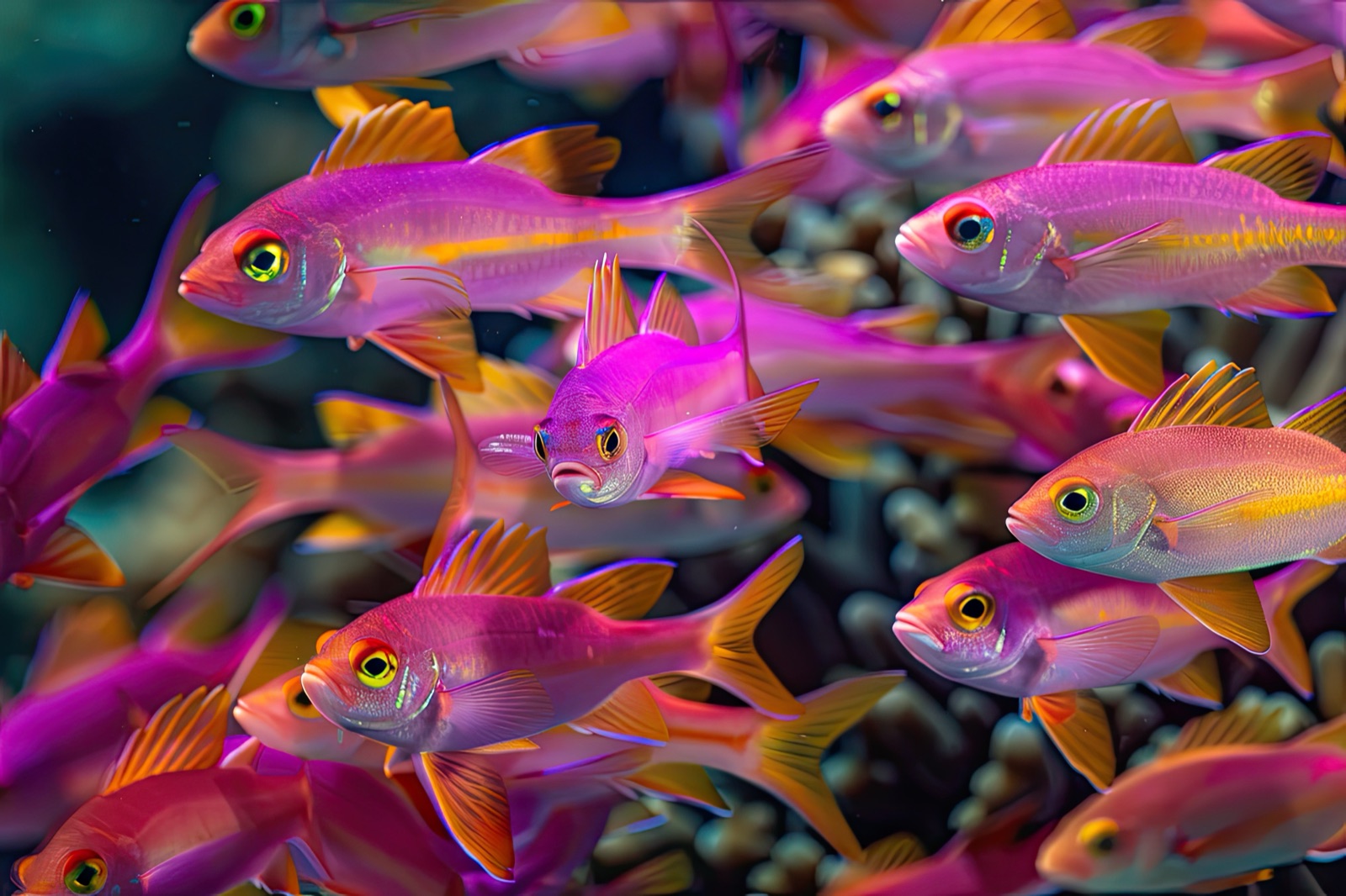 Banco de peces rosados en un arrecife de Rangiroa